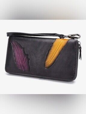 Black Wristlet Clutch with Feather Embossing